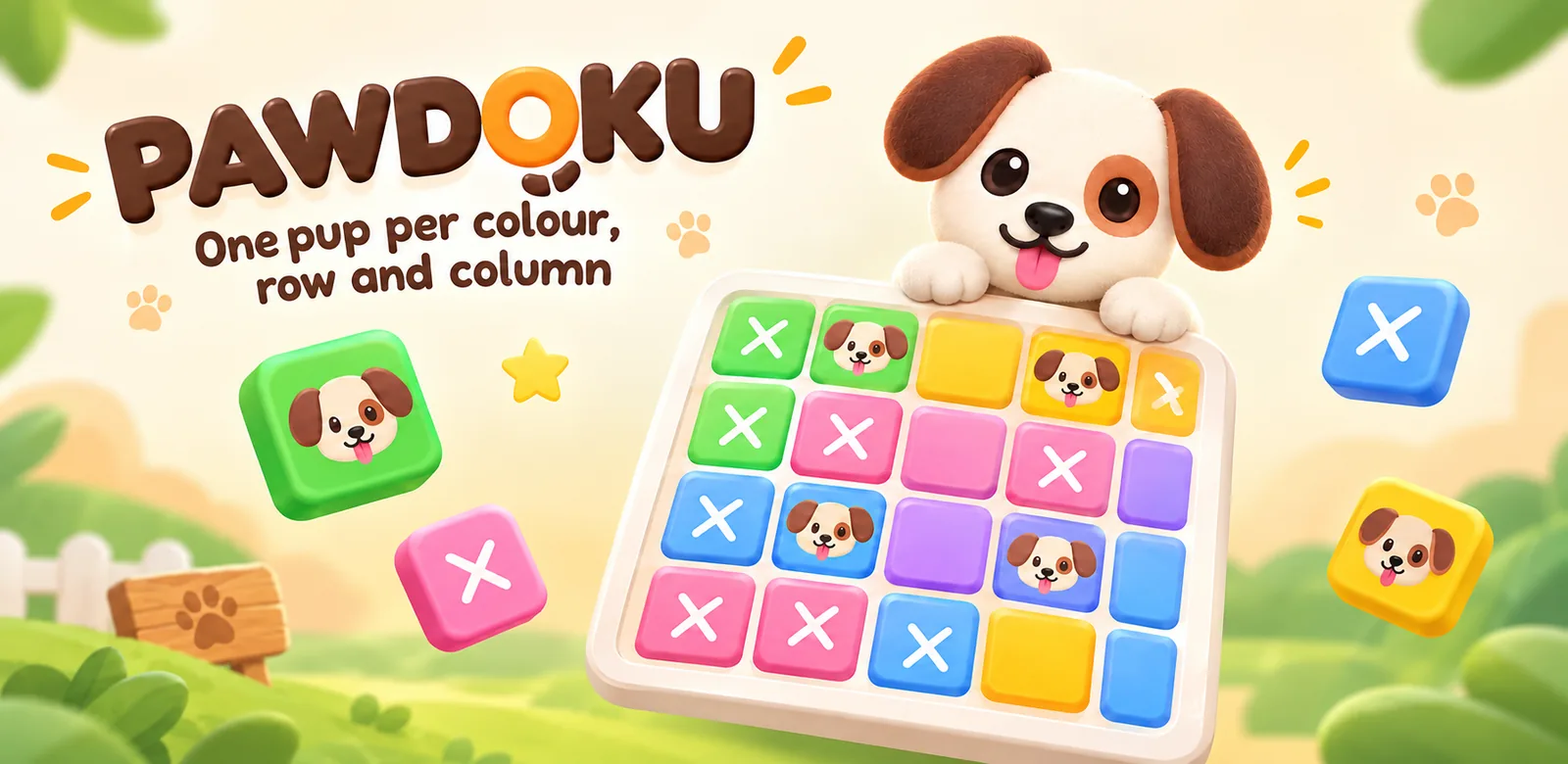 A puppy leaning over a colourful Pawdoku board of tiles marked with dogs and crosses
