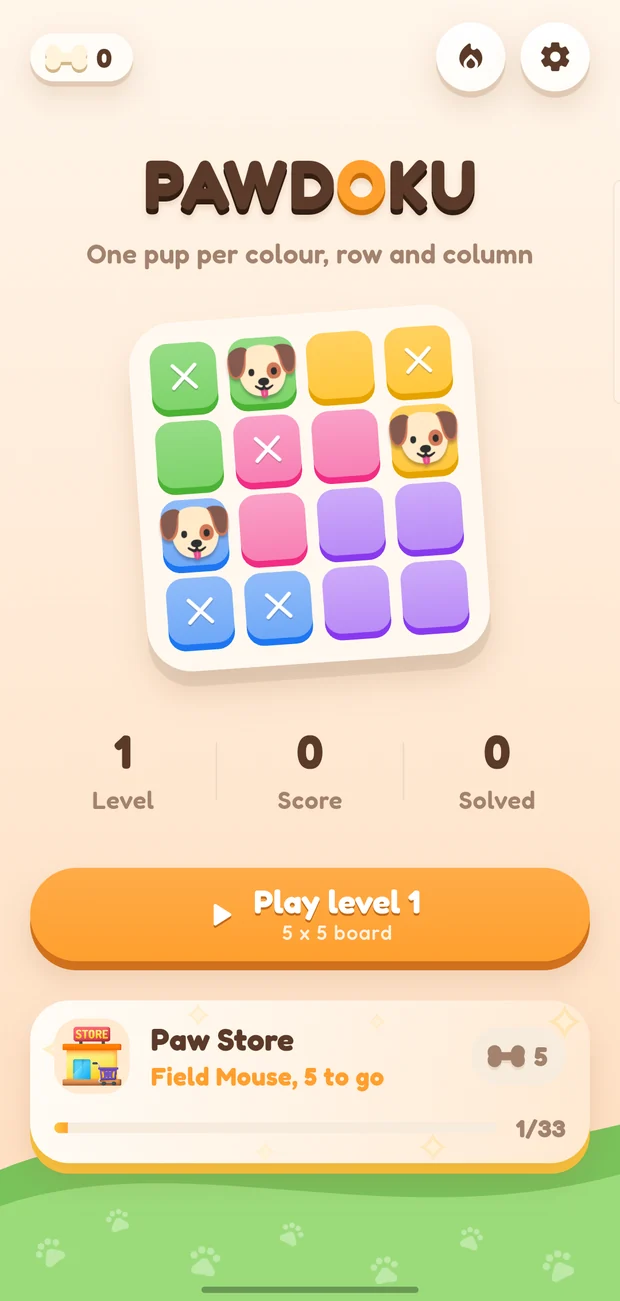 The Pawdoku home screen, showing level, score and boards solved