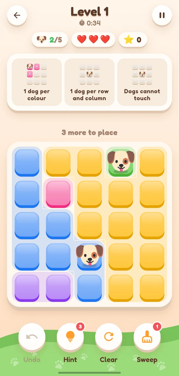 A puzzle in progress with two dogs placed and three still to go
